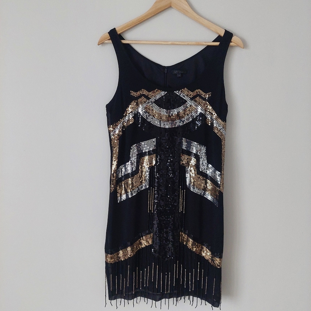 Attitude Retro 1920’s Style Flapper Sequined Dress - 6 - Black/Silver/Gold